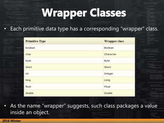 • Each primitive data type has a corresponding “wrapper” class.
• As the name “wrapper” suggests, such class packages a va...