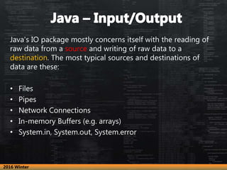 Java's IO package mostly concerns itself with the reading of
raw data from a source and writing of raw data to a
destinati...
