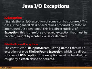 IOException
“Signals that an I/O exception of some sort has occurred. This
class is the general class of exceptions produc...
