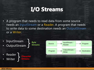 • A program that needs to read data from some source
needs an InputStream or a Reader. A program that needs
to write data ...