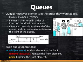 • Queue: Retrieves elements in the order they were added.
• First-In, First-Out ("FIFO")
• Elements are stored in order of...
