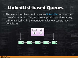 • The second implementation uses a linked-list to store the
queue’s contents. Using such an approach provides a very
effic...