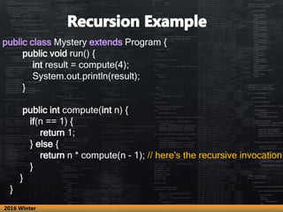 public class Mystery extends Program {
public void run() {
int result = compute(4);
System.out.println(result);
}
public i...