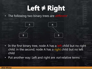 • The following two binary trees are different:
• In the first binary tree, node A has a left child but no right
child; in...