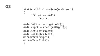 static void mirrorTree(node root)
{
if(root == null)
return;
node left = root.getLeft();
node right = root.getRight();
nod...